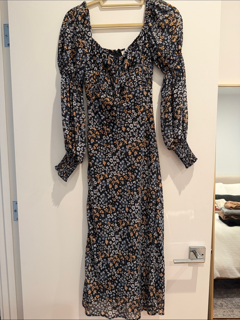 Astr Black Floral Puff-Sleeve Midi Dress with Mustard and Light Blue Print